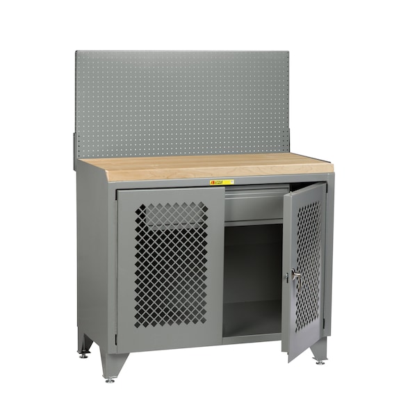 Bench Cabinet, 24" X 36", Perforated Doors, Butcher Block, Pegboard